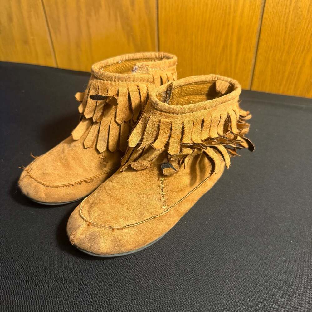 Minnetonka Toddler Brown Suede Double Fringe Side Zip Moccasin Boots